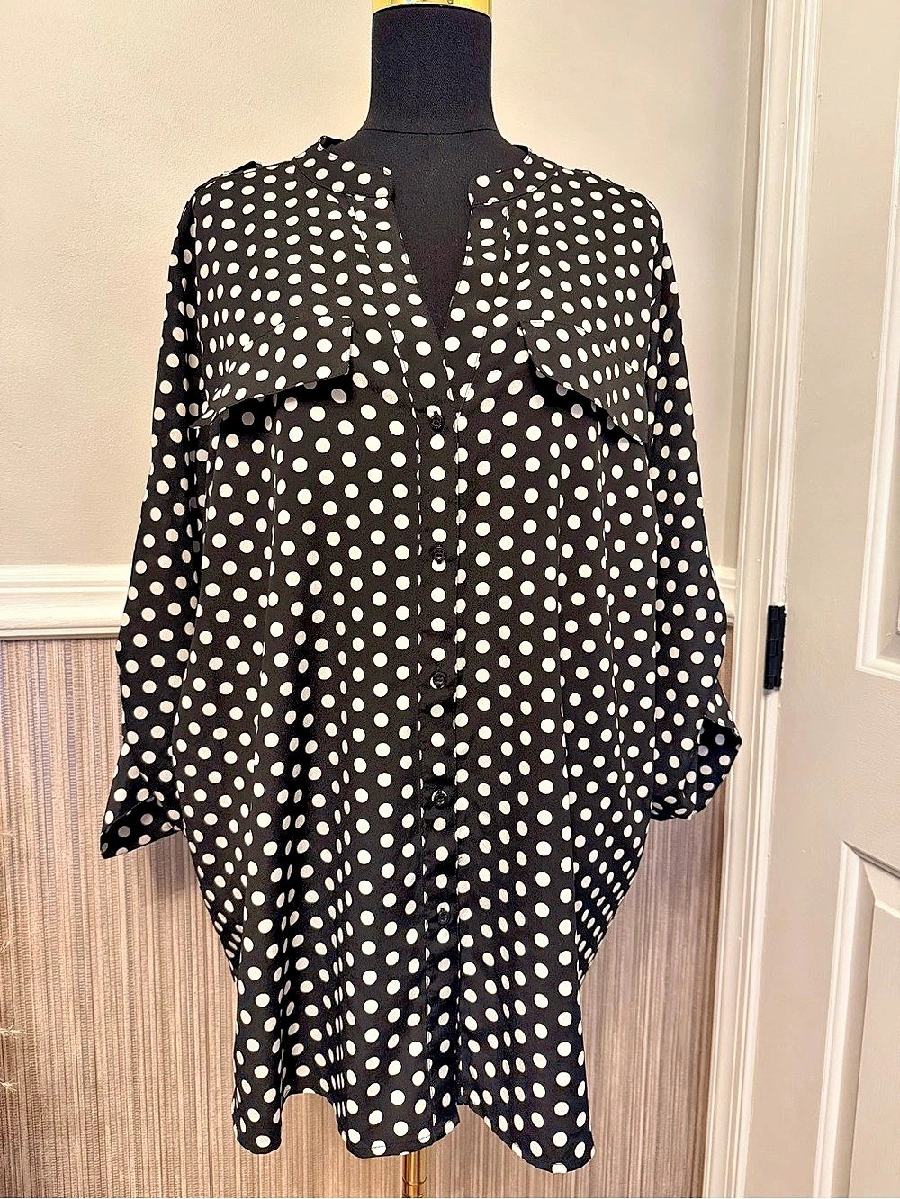 Calvin Klein 2X Black White Polka Dot Button Down Tunic Blouse